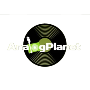 Logo AnalogPlanet sur fond transparent avec un vinyle en arrière plan au centre