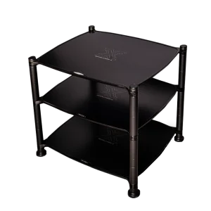 Meuble HiFi Bassocontinuo Aeon Light métal sombre et et carbone sur fond noir