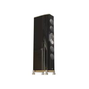 Enceinte colonne Marten Mingus Orchestra noire brillante vue de côté, deux haut-parleurs de grave en haut, super twitter, twitter et medium au centre inclus dans une plaque métallique en façade puis deux autres haut-parleurs de grave sur la partie basse, quatres pieds ISOACOUSTICSS