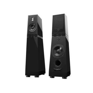 Paire d'enceintes colonne Verity Audio Florestan noires brillantes, l'une disposée de face et l'autre vue depuis l'arrière, de haut en bas twitter à ruban, medium et boomer de grande dimension puis évent arrière